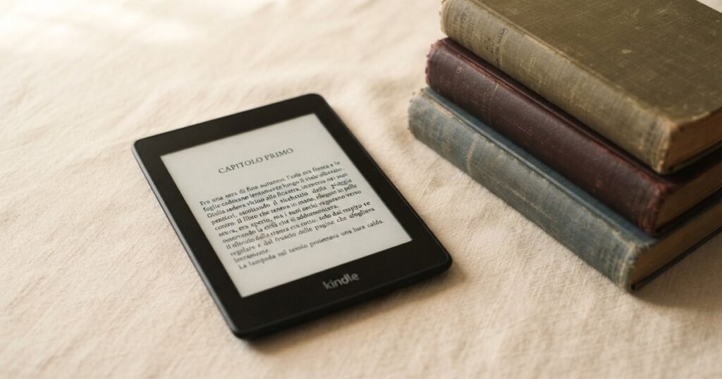 Un Kindle appoggiato su tela chiara mostra la prima pagina di un romanzo, accanto a tre libri antichi rilegati in tela